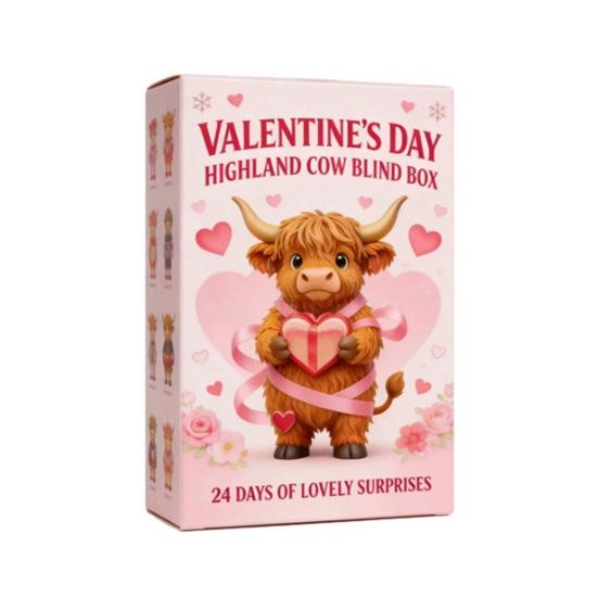 Valentine's Day Highland Cow Advent Calendar with 2D Acrylic Hanging Ornament 24 Days Countdown Calendar Box Holiday Party Gift
