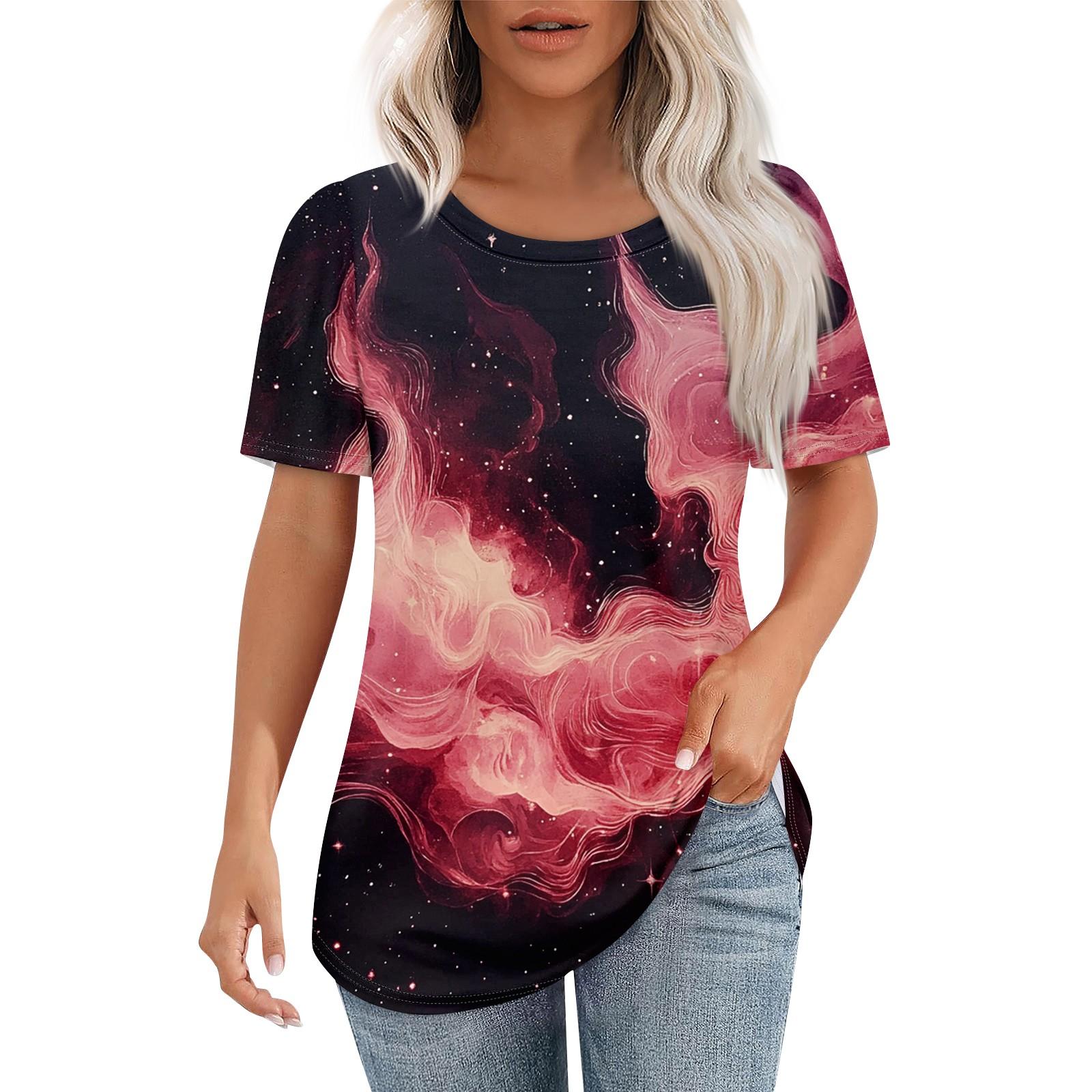 

Women s Sky Printed Fashion Casual Round Neck Short Sleeve T-shirt Top XL красный