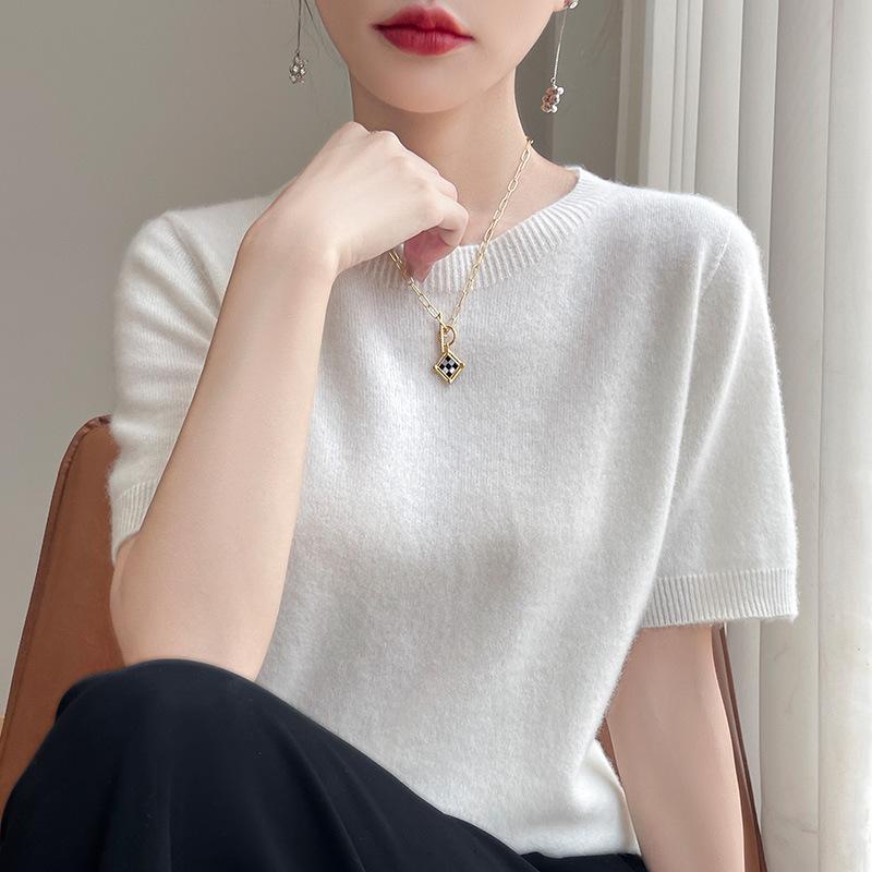 Spring Autumn Women Sweater O-Neck Cashmere Pullover Basic Short Sleeve Clothing Comfort Top Casual Solid