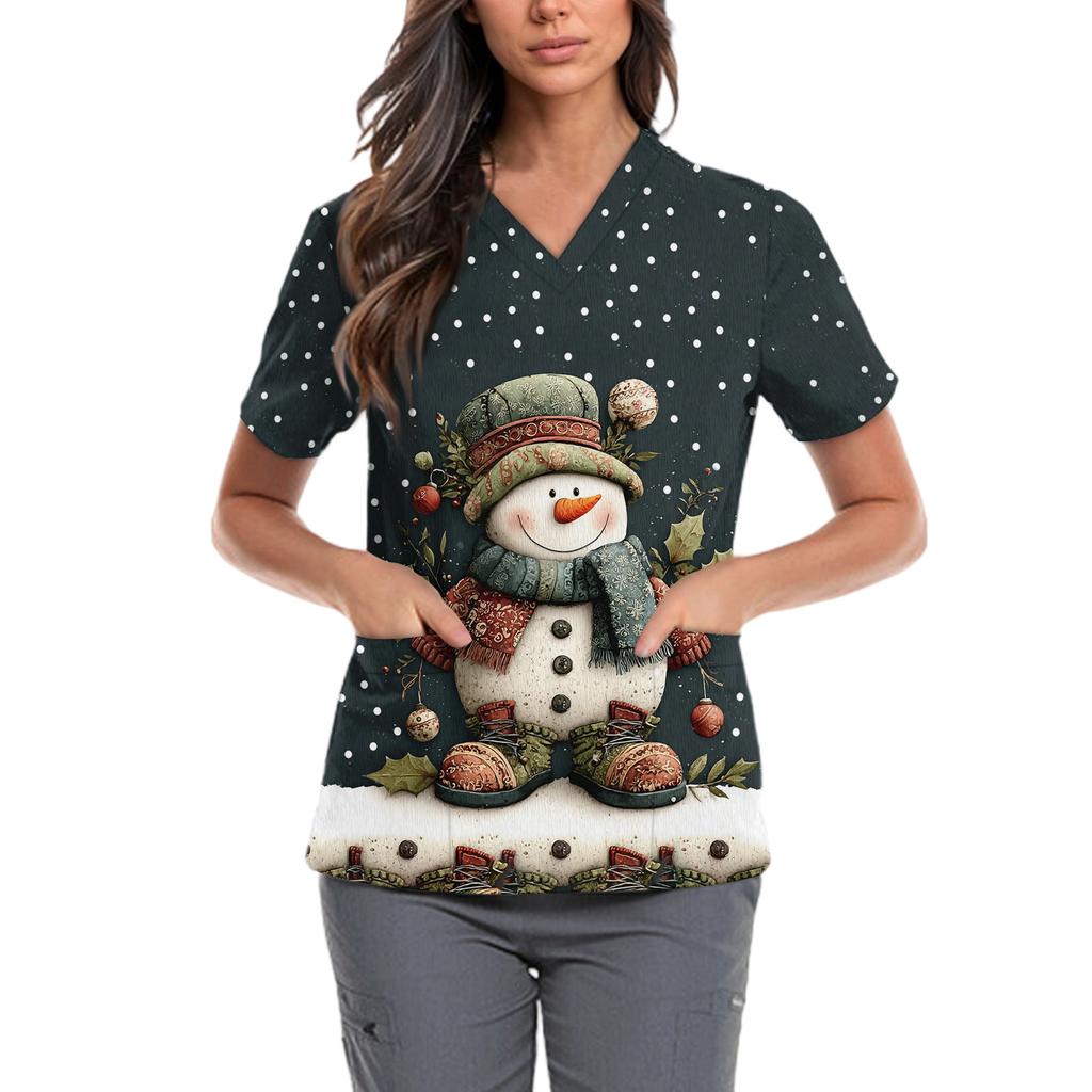 Women's Cute Bow Printed Work Clothes V-neck Double Layer Pockets Basic Short Sleeve Top Pullover