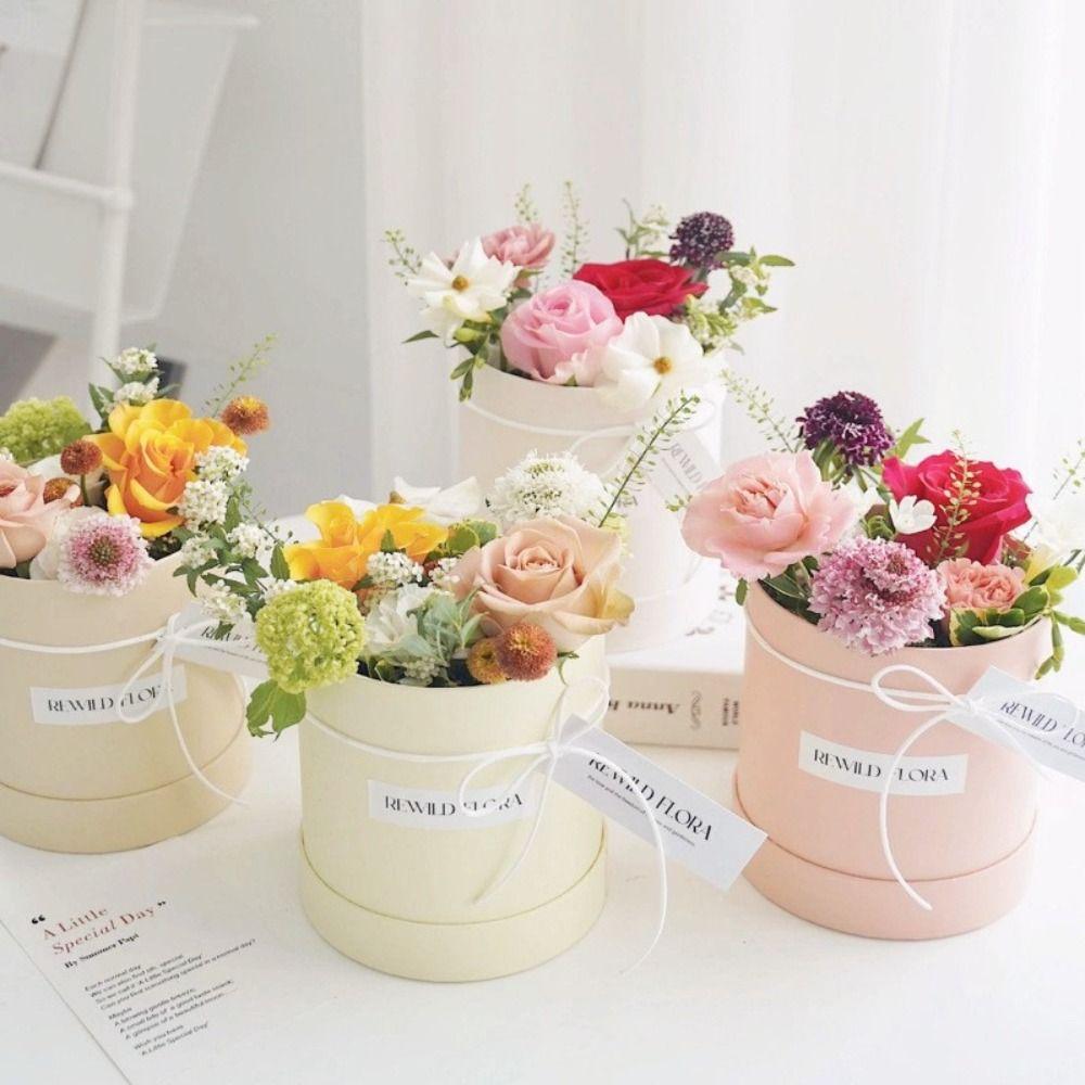 Round Flower Gift Box Solid Color Cardboard Gift Packaging Paper Box Silver Flower Arrangement Bucket Wedding Party Decoration