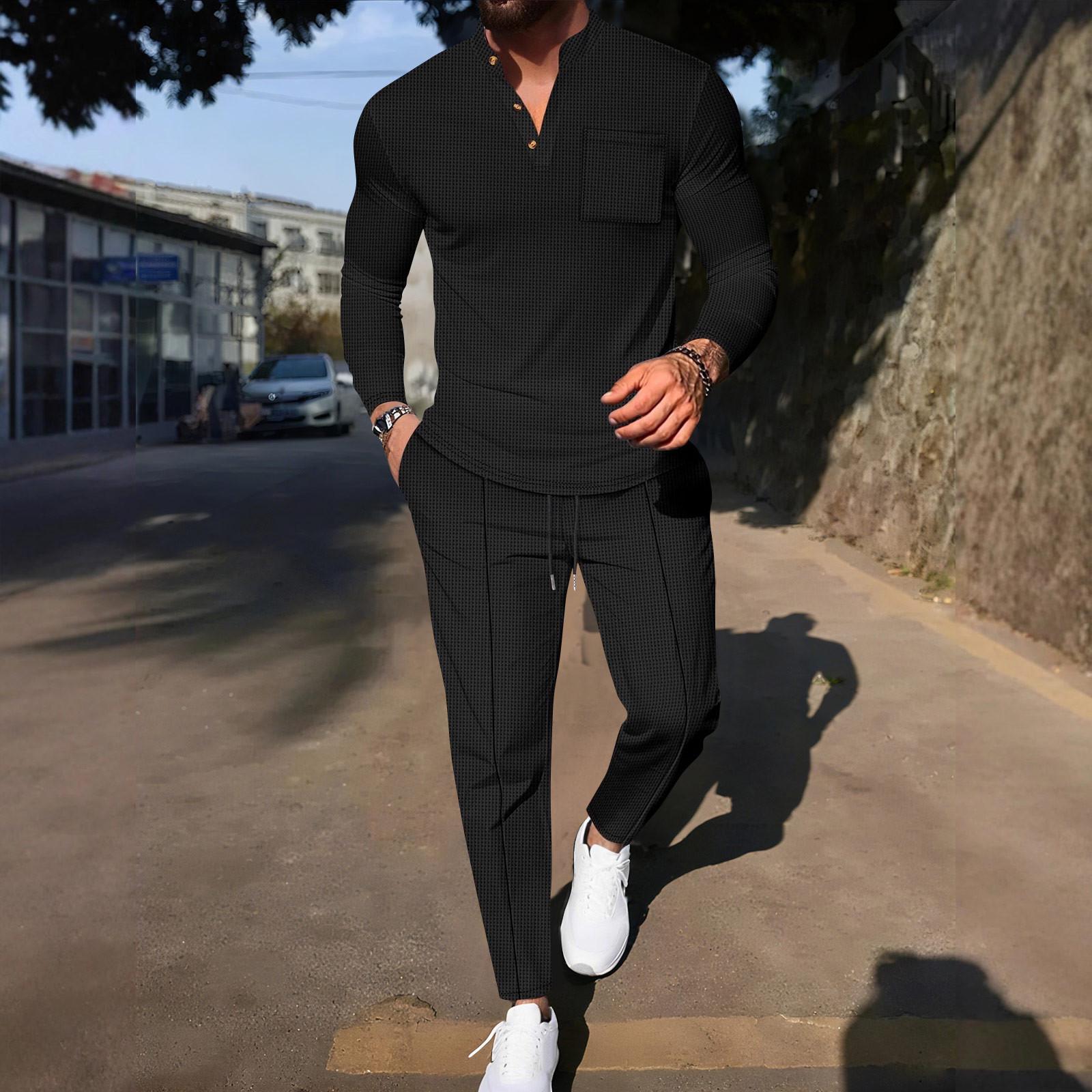 

Мужской повседневный однотонный костюм с брюками, воротником-стойкой и трехбортной застежкой, с длинными рукавами L чёрный