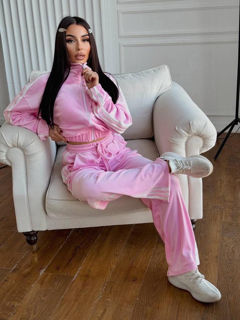 European and American velvet color matching two-piece set stand-up collar zipper jacket drawstring three bars wide-leg pants set women