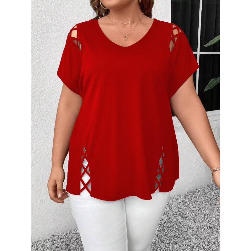 Women's Plus Size T-shirt Summer Sexy V-neck Short Sleeve Loose Casual Women's T-shirts Elegant Fashion Solid Color Office Lady Hollow Tee Tops New