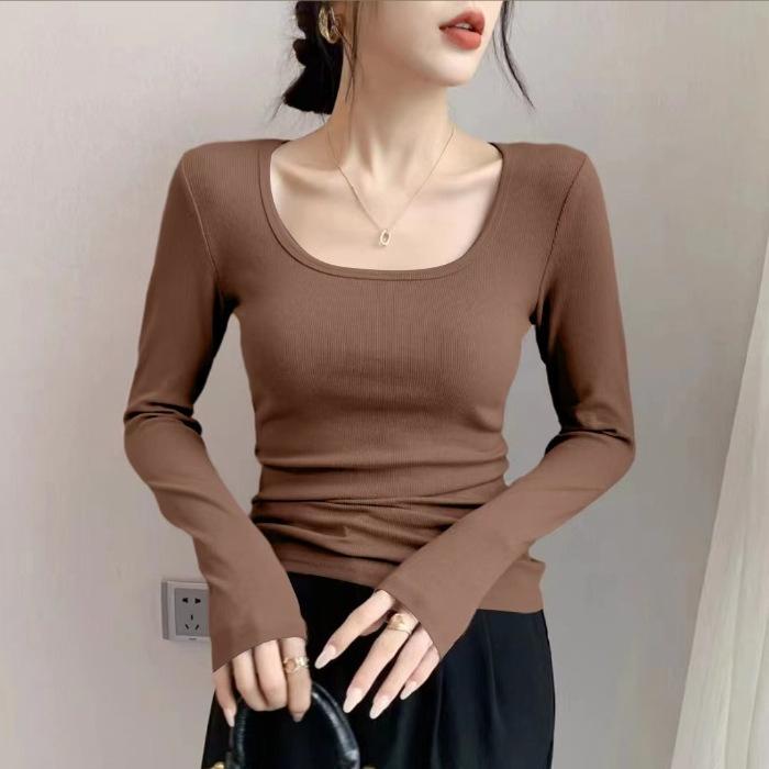 Base Layer Women Autumn Winter Long Sleeve Inner Wear Structured Shoulder T Shirt Slim Fit Ribbed Versatile Can Be Outer Wear Top