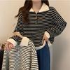 Black Striped Polo Neck Front Shoulder Sweater Women's Autumn New Loose Half Zipper Casual Style