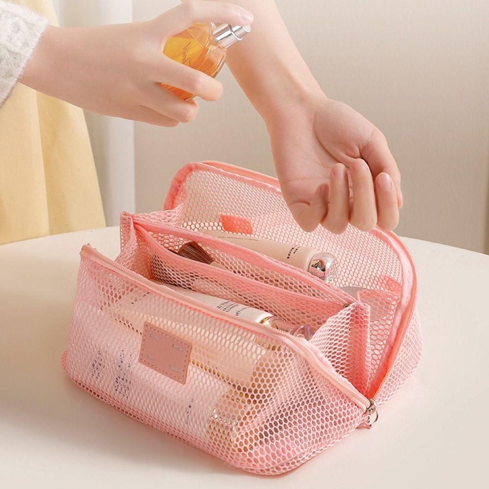 Solid Color Mesh Cosmetic Bag Zipper Toiletry Storage Bag Portable Makeup Pouch  Women/Girls