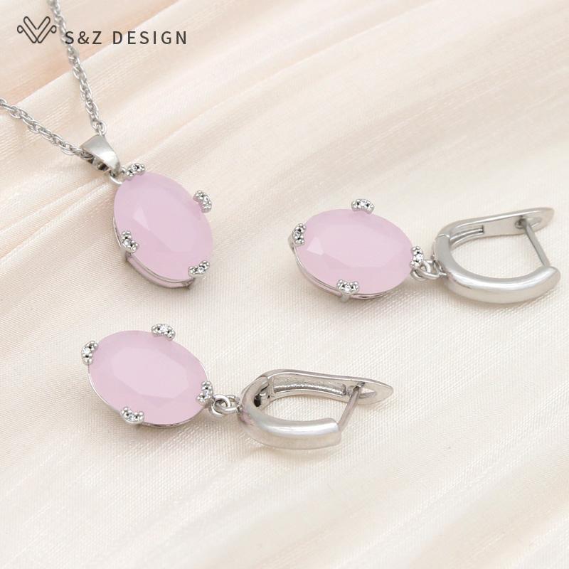 Fashion Oval Pink Cubic Zirconia Drop Earrings Pendant Necklace Jewelry Sets For Women Girl Elegant