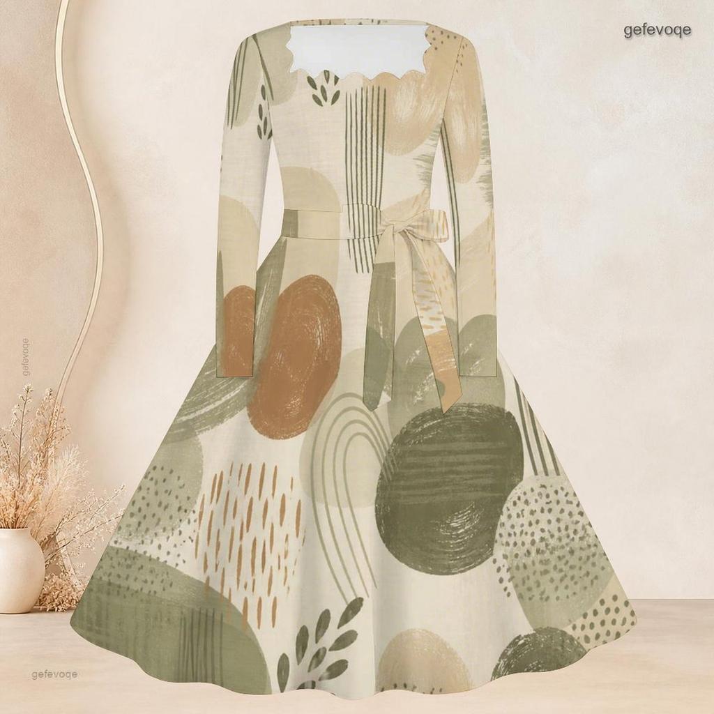 Women Plus Size Square Neck Long Sleeve Multicolor Printed A Line Dress With Belt Pockets