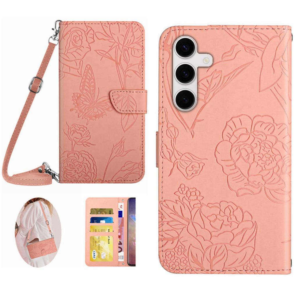 For Samsung Galaxy S25 FE Case Butterfly Flower Imprint Leather Phone Cover with Shoulder Strap