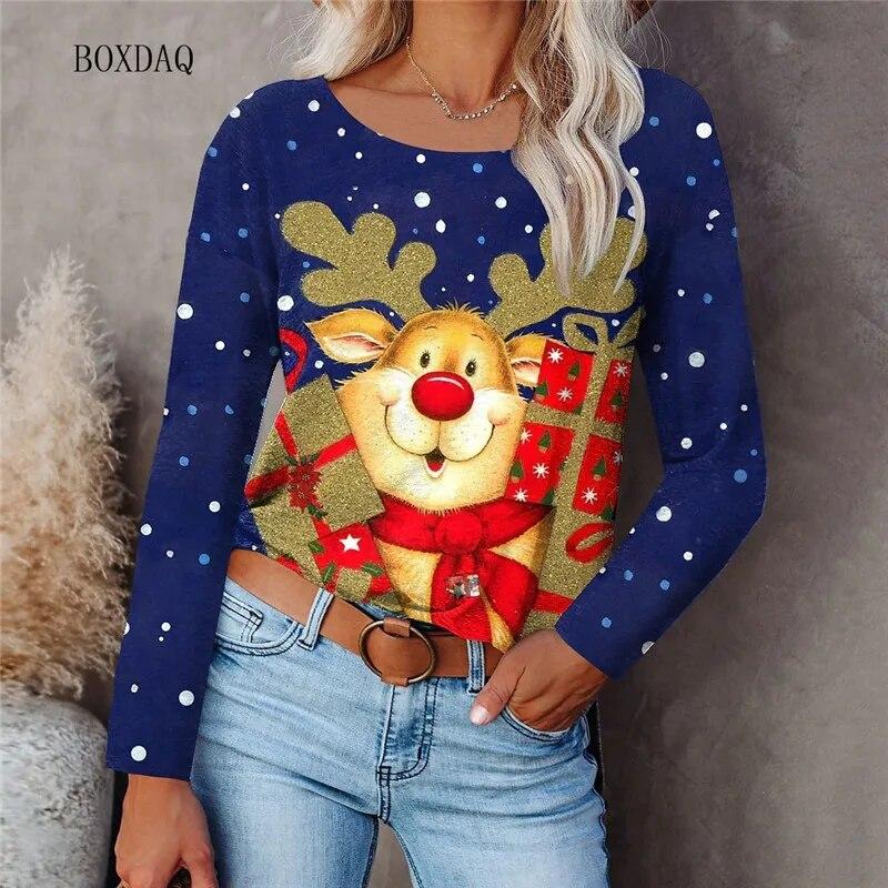Cartoon Santa Claus And Snowflakes Pattern Women Fashion T-shirts Autumn Winter Long Sleeve 3d Print Christmas Street Lady Tops