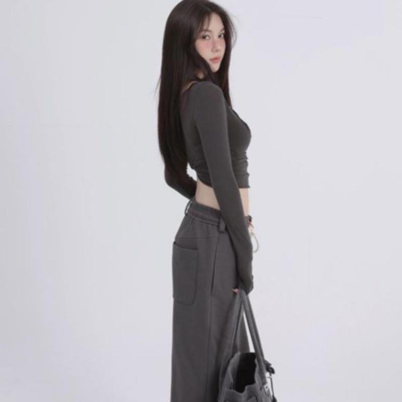 2KWEIRD Set Două Piese Estetică Y2k Harajuku Tricouri Halter Mânecă Lungă Tricouri Femme All Match Top Patchwork cu Bretele Spaghetti Femei