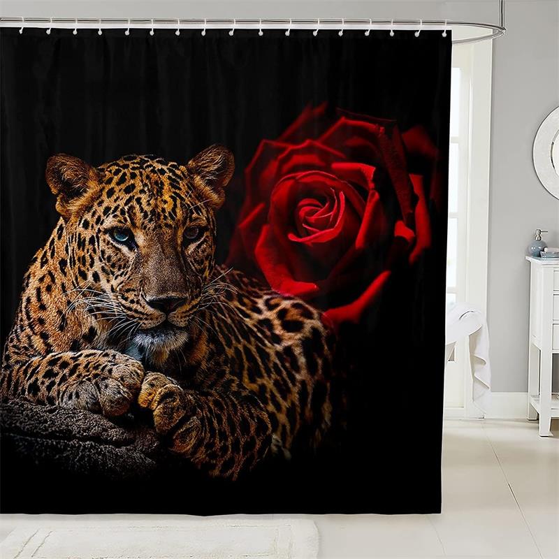 Wildtier Tiger Leopard Duschvorhang Rote Rose Rosa Floral Dschungel Wilde Tiere Badezimmervorhänge Polyester Heim Badezimmer Dekorationsset