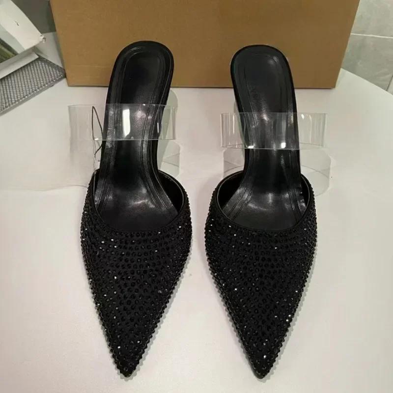 Designer Luxury High Heels Sandals Woman Elegant Shiny Diamond Black Fashion Mules Slingback PVC  Summer Shoes for Ladies