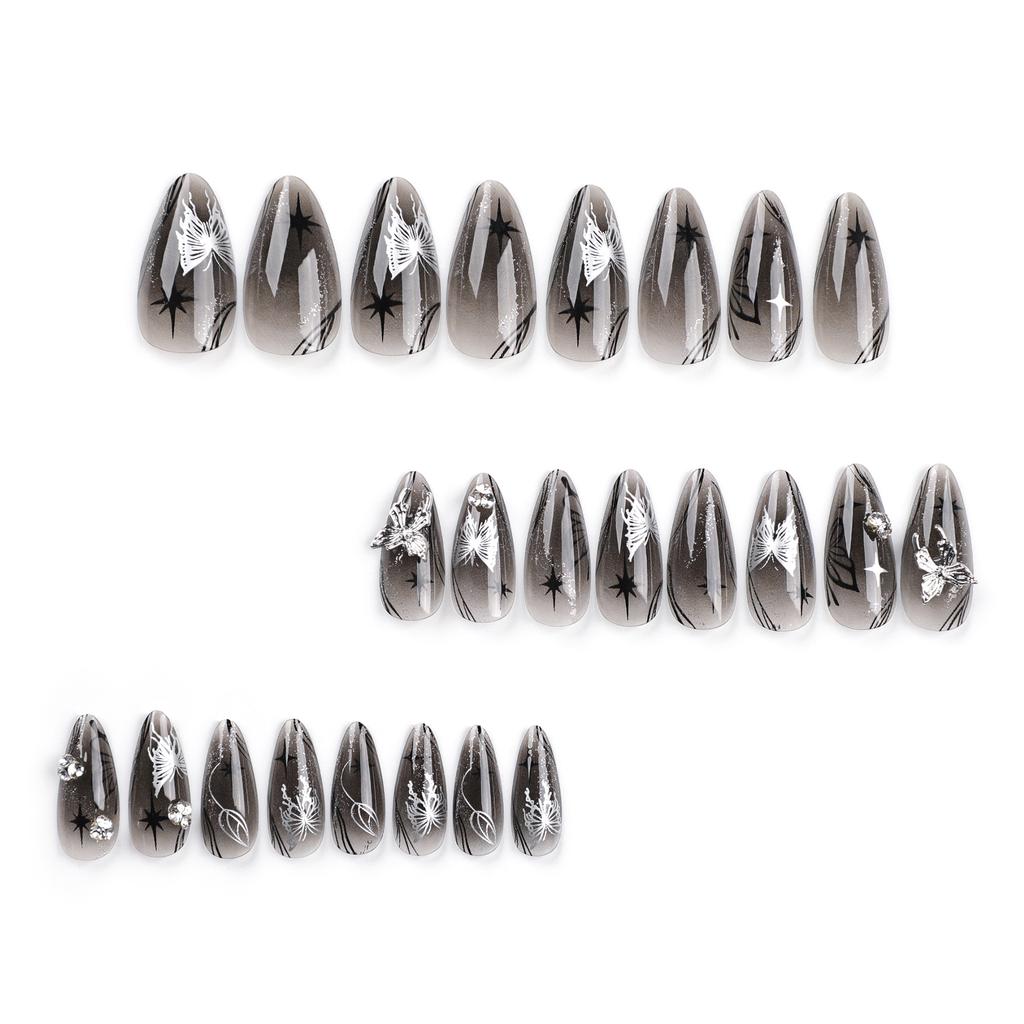 24 Pieces Ice Through Silver Bow Wearing Nail Black Cool Spicy Star Light Diamond Manicure Long Almond Nail Fake Nail Piece