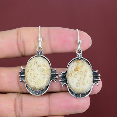 Fossile Korallen Ohrringe, Handgemachte Ohrringe, Edelstein Schmuck, 925 Sterling Silber Ohrringe, Fossile Korallen Schmuck, Geschenke für Frauen, Designer Schmuck