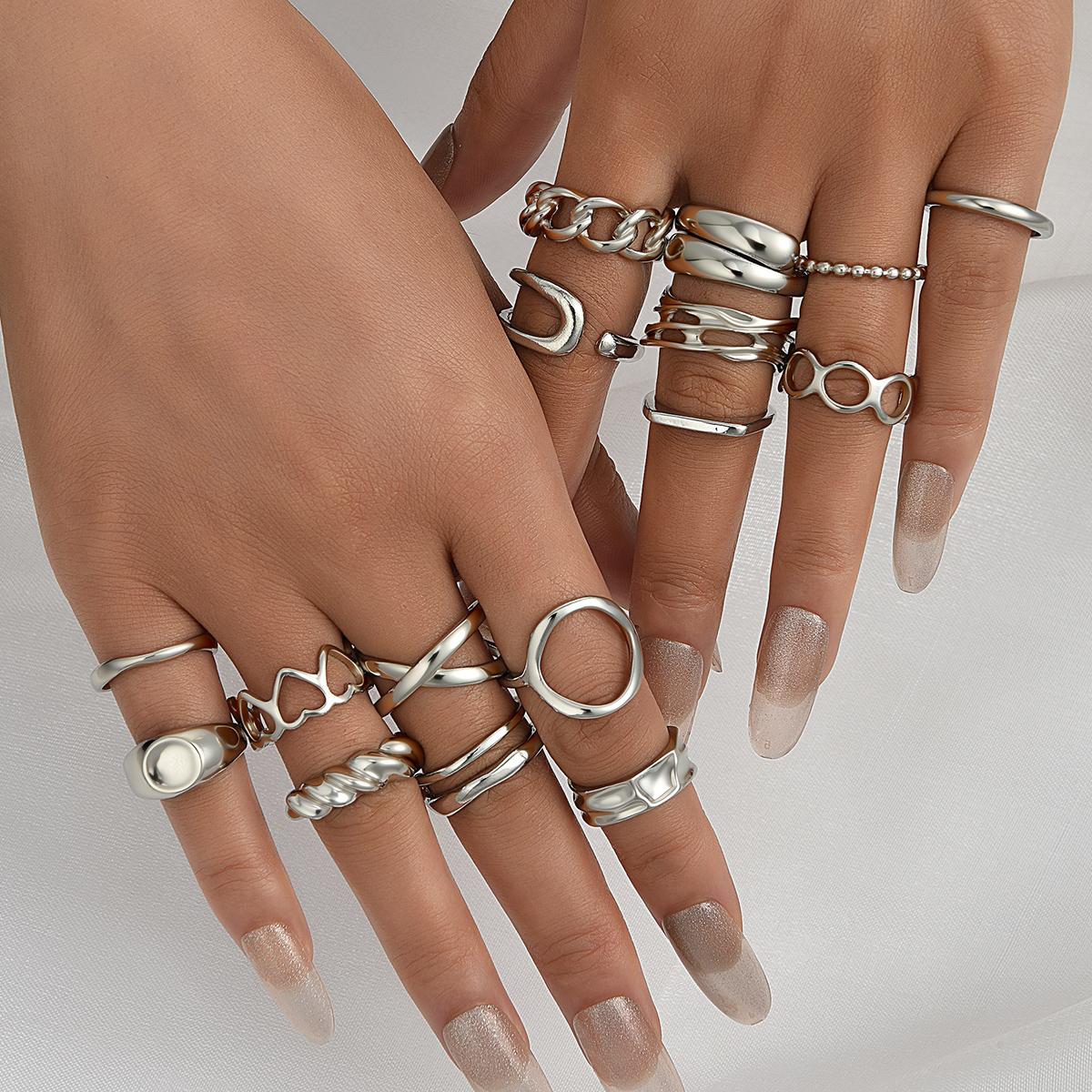 

17KM Набор из 16 геометрических колец с открытым сердцем и ажурным узором, модная бижутерия для женщин, трендовый блестящий аксессуар для повседневной носки и вечеринок, подарок для нее