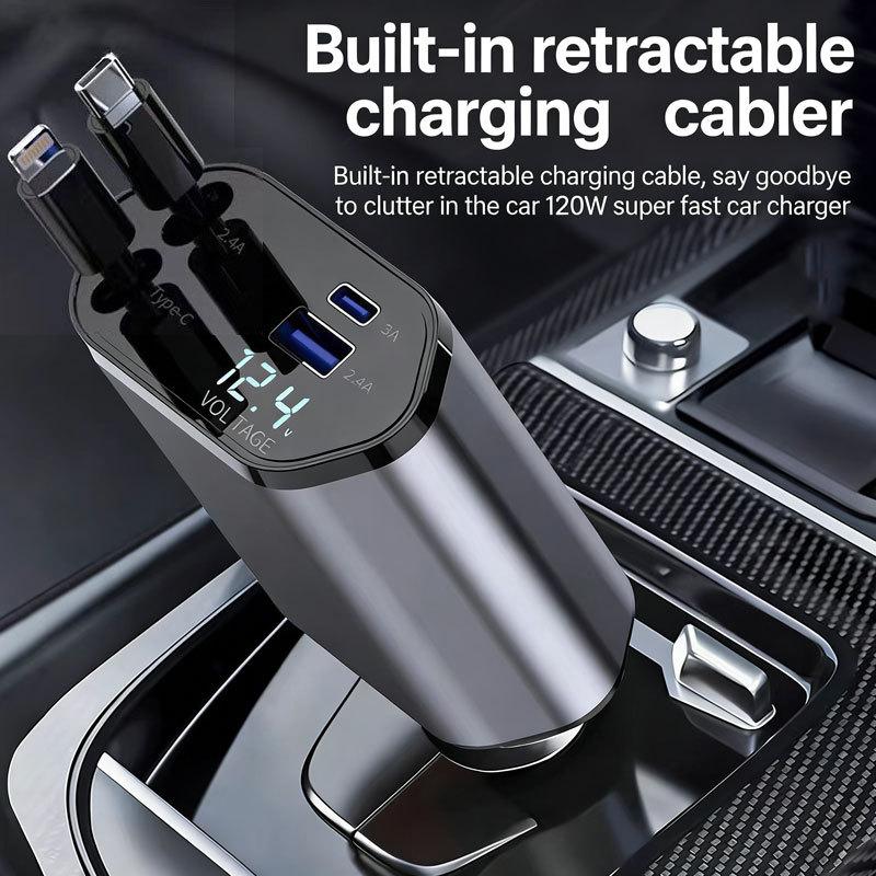 Car Charger USB Type C Adaptor 120W Fast Charge Retractable Charging Cable with Cords QC Adapter Car Charger For Iphone Android