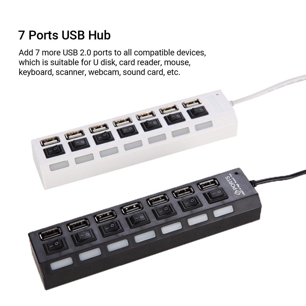 7 Ports USB Hub Splitter with On/Off Switches Long Cord for Laptop Desktop PC Computer Data Transfer