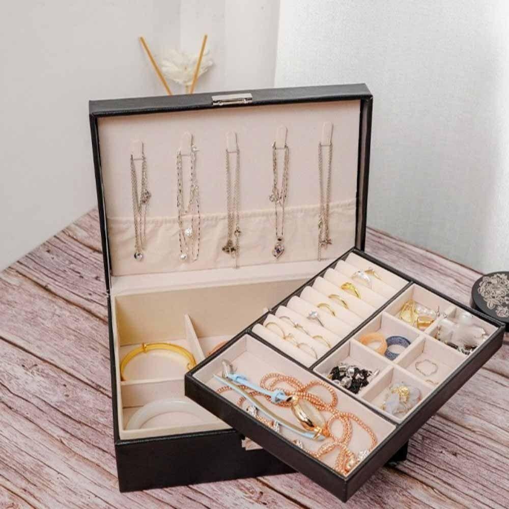 with Lock Leather Jewelry Organizer 2 Layer Necklace Earring Box  for Necklace Rings Earrings