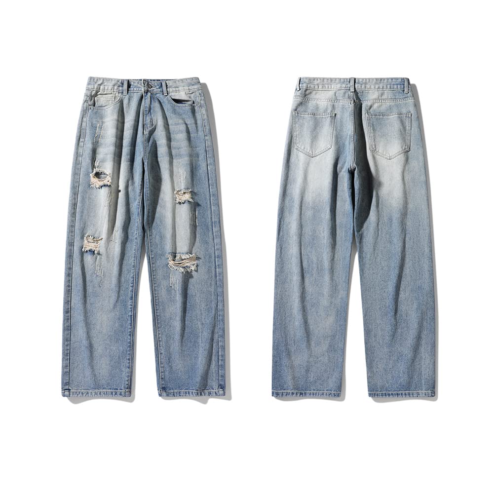 TIDEWORD Denim Distressed Baggy Loose Plus Sizes Light 2 Colors Pants, Jeans, Wide-leg Pants, Pants, Fit, 28-42, Spring, Summer, Autumn, Winter, Blue,
