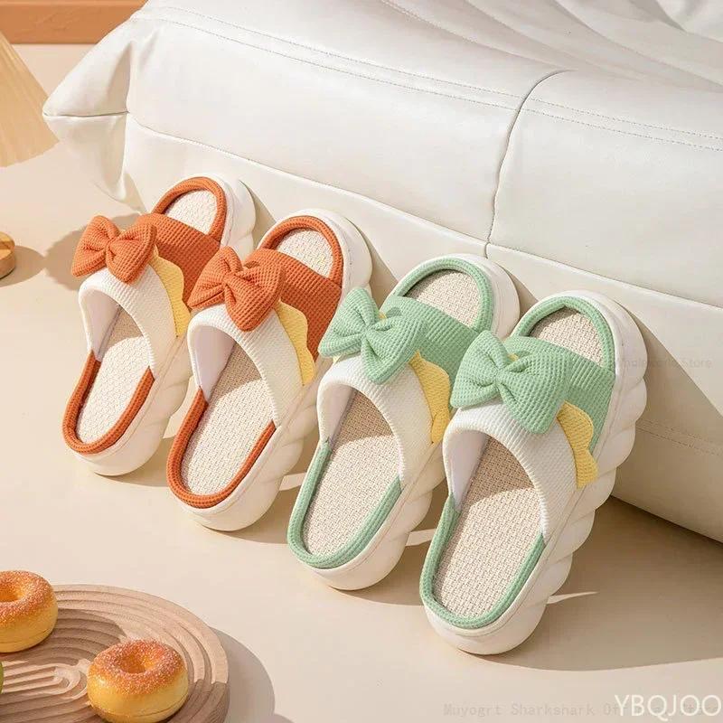 Fashion Linen Slippers Women Indoor Slippers Comzy Anti-Slip House Cotton Shoes  Cute Bowknot Flat Slipper Couples Slides Spring Summer