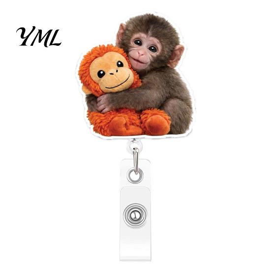 Easy Pull Keychain for Office Retractable Badge Holder, Cute Monkey Pattern Print 360 Degree Rotating Cartoon Access Card Reel Clip, Acrylic