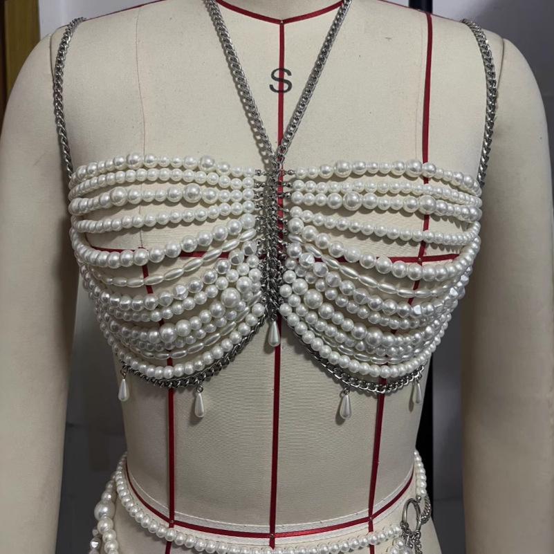 Q5119Y European/American Sexy Metal & Pearl Chain Halter Vest Top with Body & Waist Chain