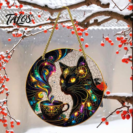 Colorful Gradient Glass Craft Stained Style Black Cat And Magic Coffee Cup Hanging Ornament for Window Wall Dark Fantasy Decor Room Decor, Acrylic Sun