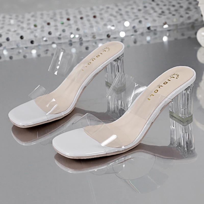 2025 Summer New Korean Version Transparent Belt Women's Sandals Thickened One-word Thick Heel High Heel Women's Shoes Ins Outer Slippers