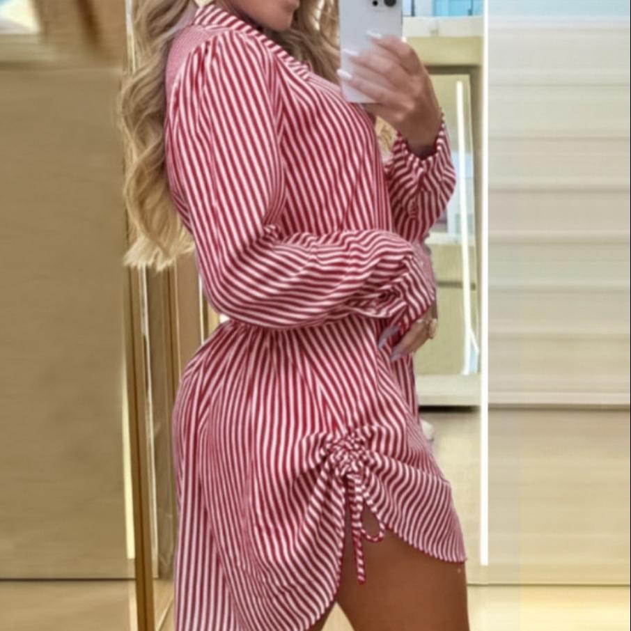 Spring and Autumn Women's Fashion Sexy Two Side Drawstring Shirt Dress