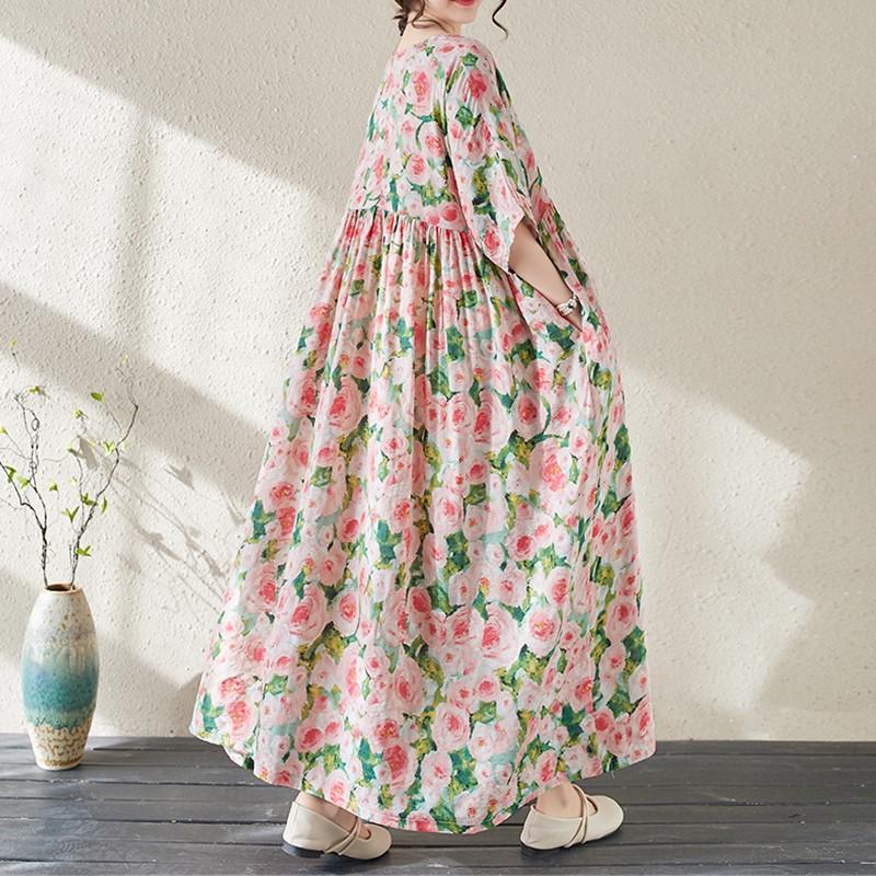 Κοντό μανίκι Plus μέγεθος Βαμβακερό Vintage Floral Νέο σε Φορέματα για Γυναικεία Casual Loose Long Summer