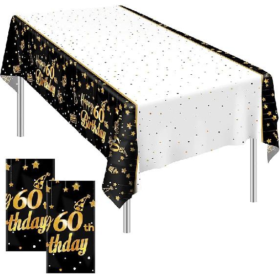 Ruisita 2 Pack Black Gold Table Cloth Cover Happy Birthday Tablecloth Party Tablecloths Rectangular Table Cloth Cover for Indoor or Outdoor Parties