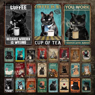 Black Cat Metal Poster Drinking Coffee and Beer Cat Metal Sign Tin Sign Plate Funny Animal Vintage Plaque for Room Decoration