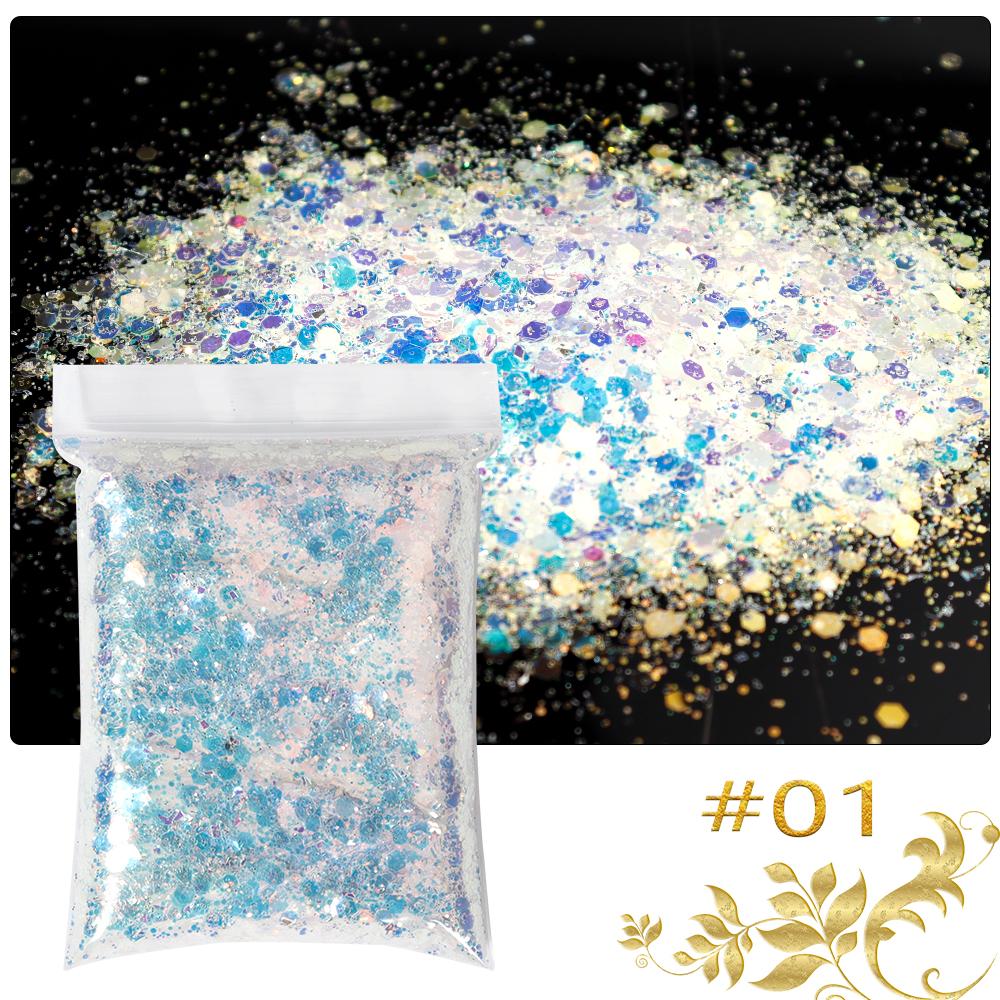 50g/sáček Mořská panna Šestiúhelníkové třpytivé vločky 3D flitry Třpytivé duhové Smíšené flitry Plátky Paillette DIY Nail Art Decoratio