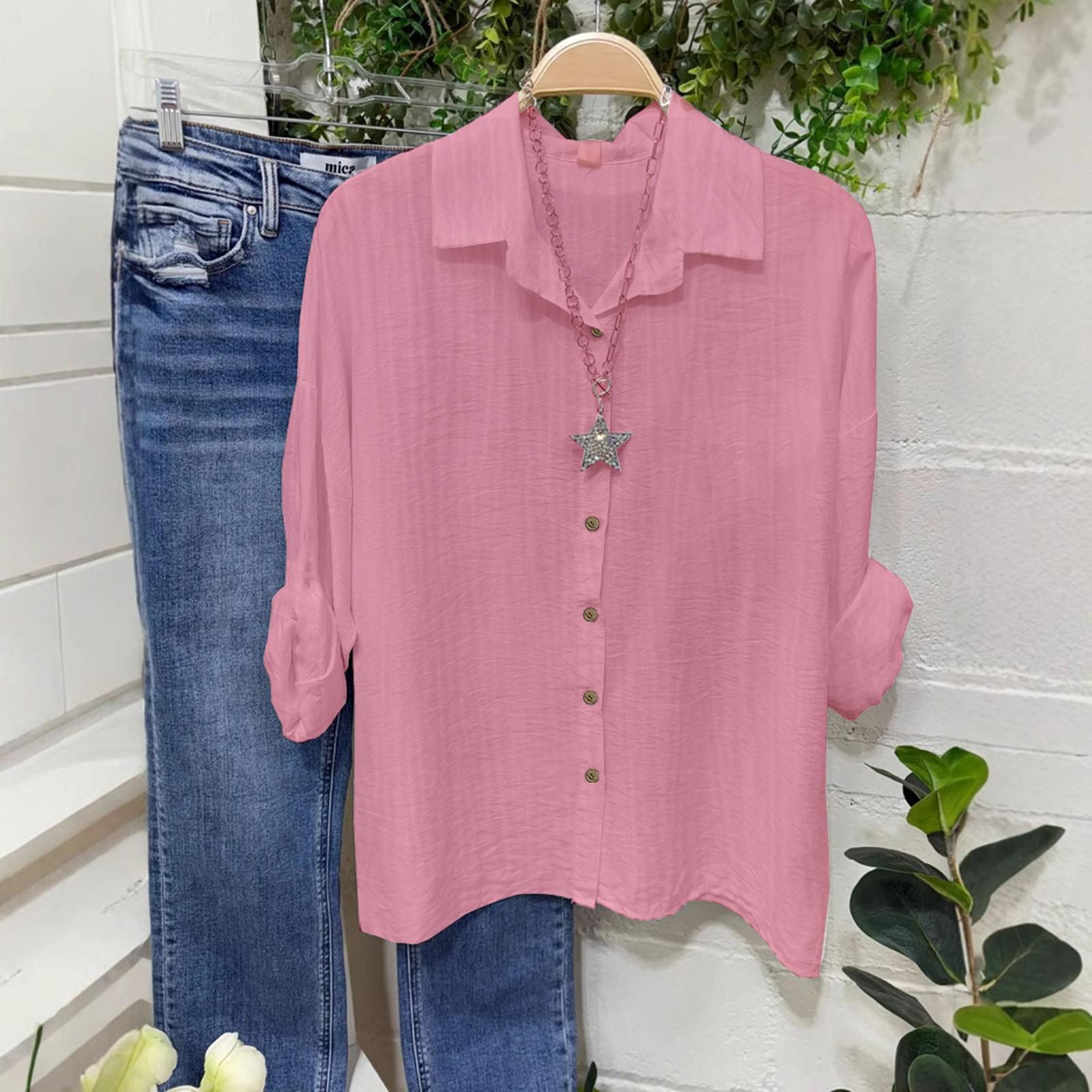 Women s Fashionable And Casual -color Button-down Long-sleeved Shirt Top XL розовый