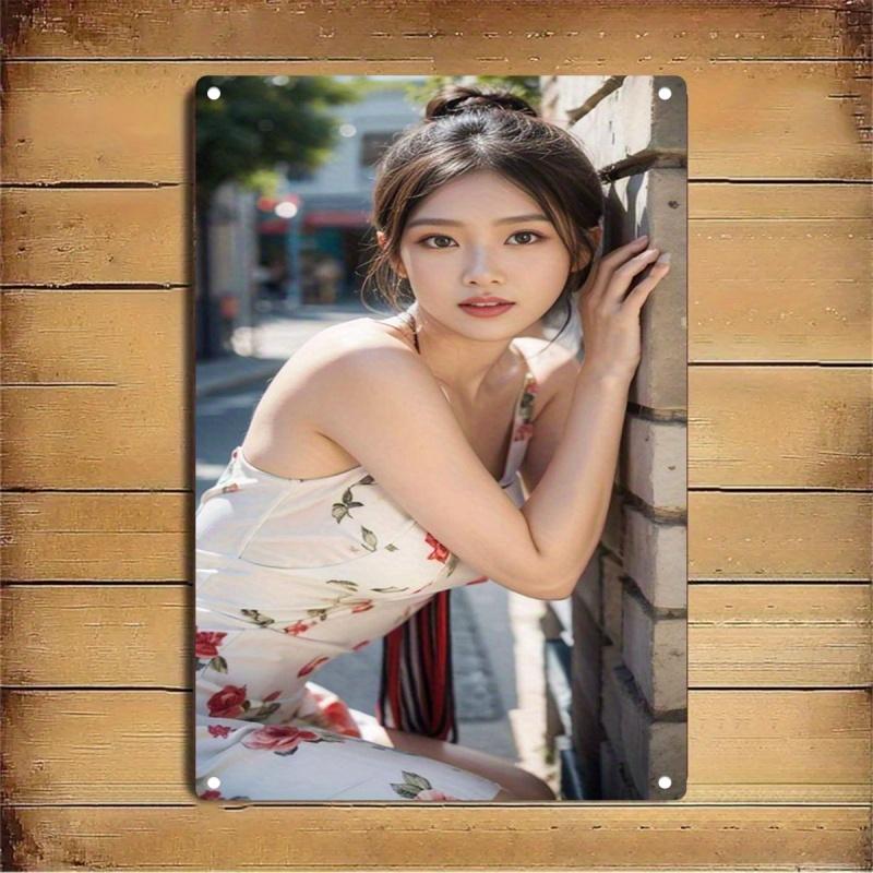 Retro Tin Poster Wall DecorMetal Poster - Korean Drama Inspired Female Portrait - Vintage Brick Wall & White H