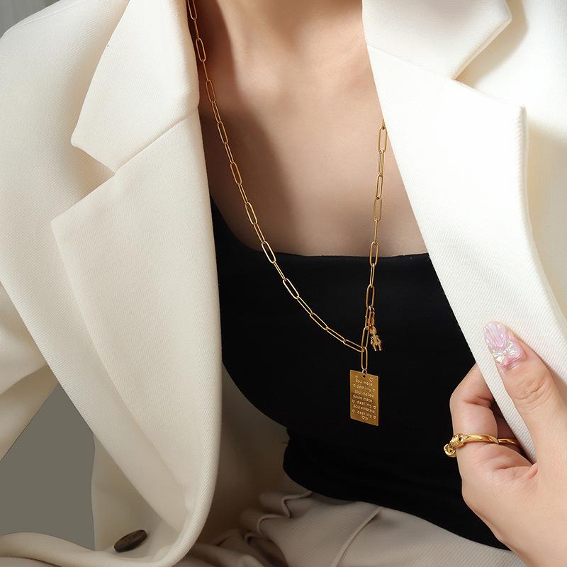 Love Letter Rabbit Pendant Necklace: Rectangle, Long Chain, Fade-Resistant Gold-Plated Titanium Steel.