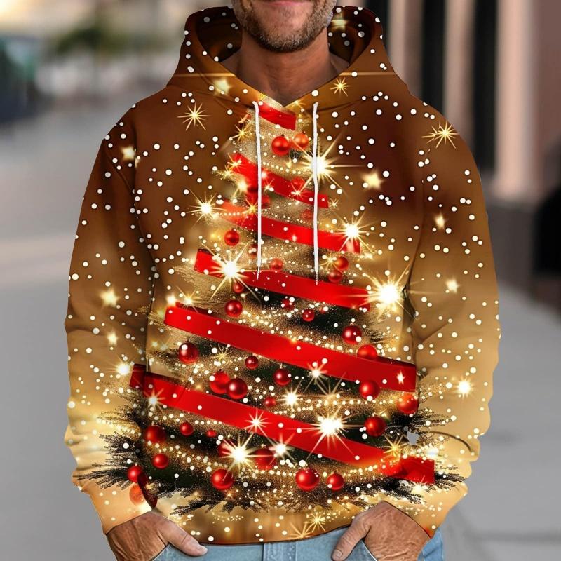 3D Print Christmas Tree Hoodie For Men Ribbon Snowflake Pattern Sweatshirt Casual Tops Oversized Pullovers Long Sleeves Hoodies