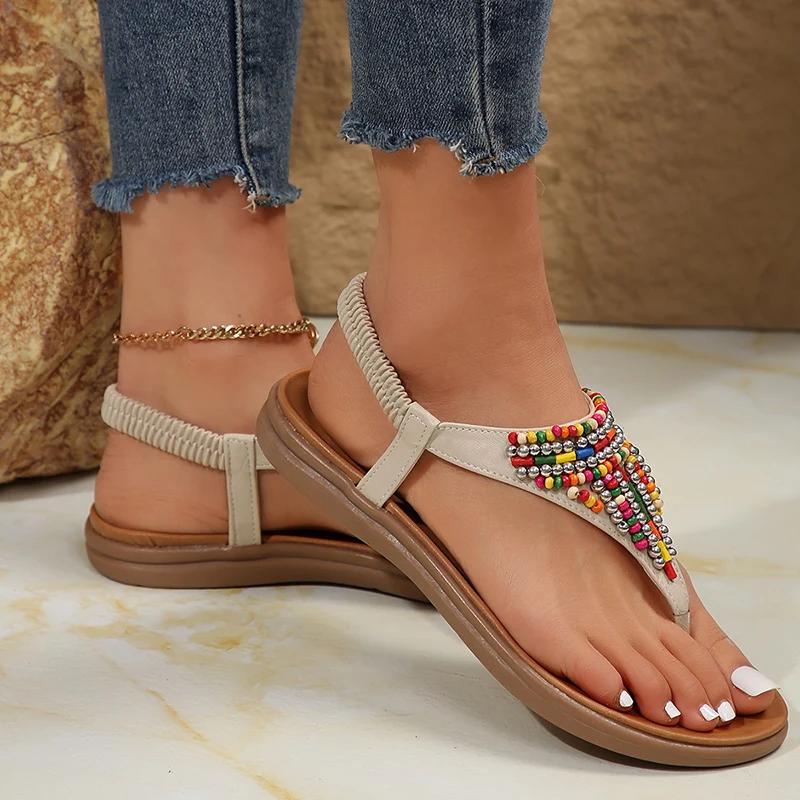 Fashion Mix Color Pearl Sandals for Women Fashion Clip Toe Flat Heel Sandalias Mujer Summer Pu Leather Non-Slip Beach Sandals Female