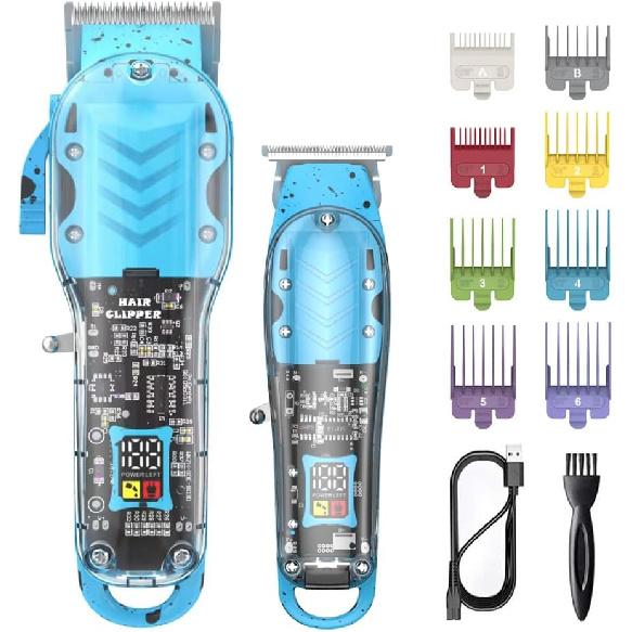 

Набор триммеров для волос WAIKIL для мужчин, Профессиональный парикмахерский набор для стрижки волос и бороды, Тихая и долговечная зарядка, Прозрачный, перезаряжаемый, для стрижки налысо синий
