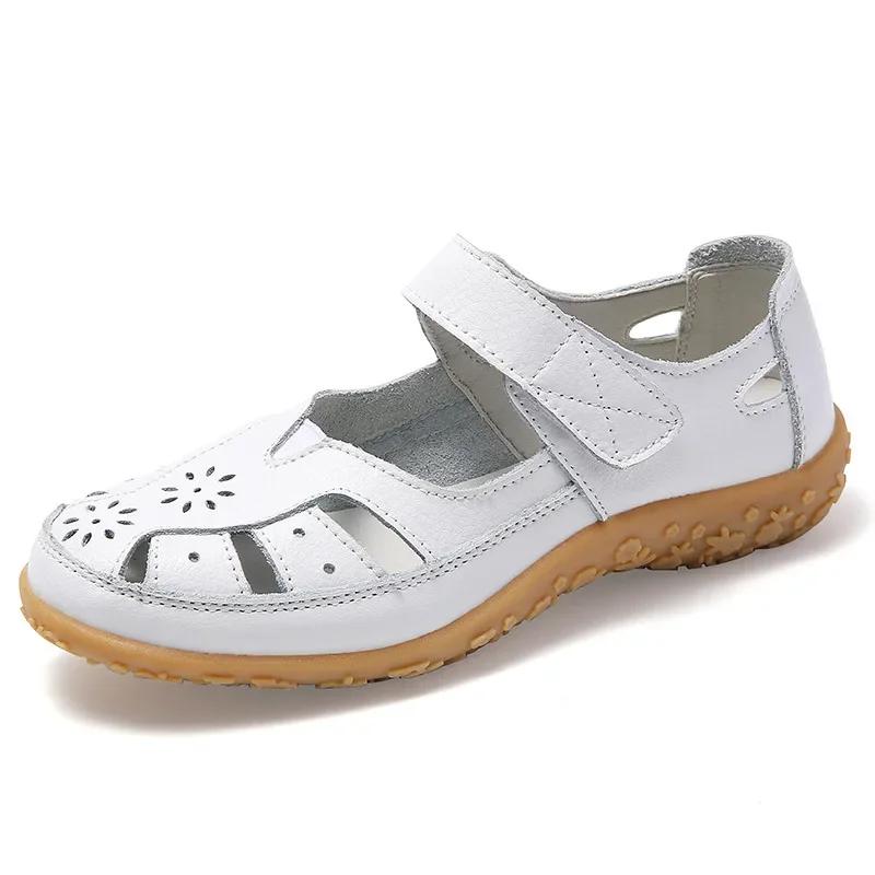 Summer Hollow Sandals Women's New Fashionable Leather Flat Shoes, Soft Sole Anti Slip Casual Oversized Sports Sandals