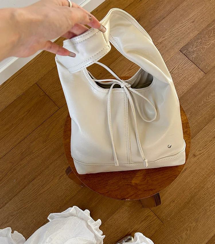 Soft PU Leather Women's Commuter Shoulder Bags Casual Bowknot Female Tote Underarm Bag Solid Color Ladies Handbags with Purse