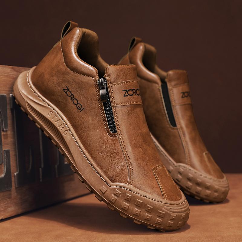 

Новые Мужские Кожаные Чехлы Ручной Работы Нескользящая Подошва Боковые Молнии Дышащие Модные Нескользящие Уличные Повседневные Плоские Туфли для Ходьбы 44 коричневый