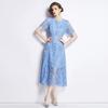 Summer Women's Retro Round Neck Lotus Leaf Sleeve Lace Dress Looks Slim and Elegant Long Skirt