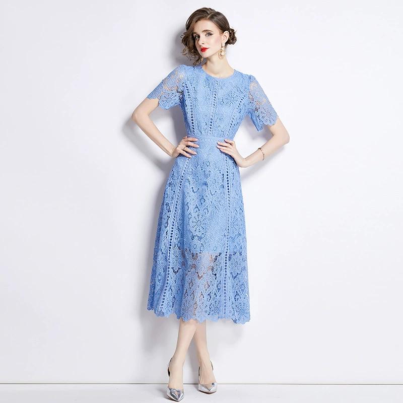 Summer Women's Retro Round Neck Lotus Leaf Sleeve Lace Dress Looks Slim and Elegant Long Skirt