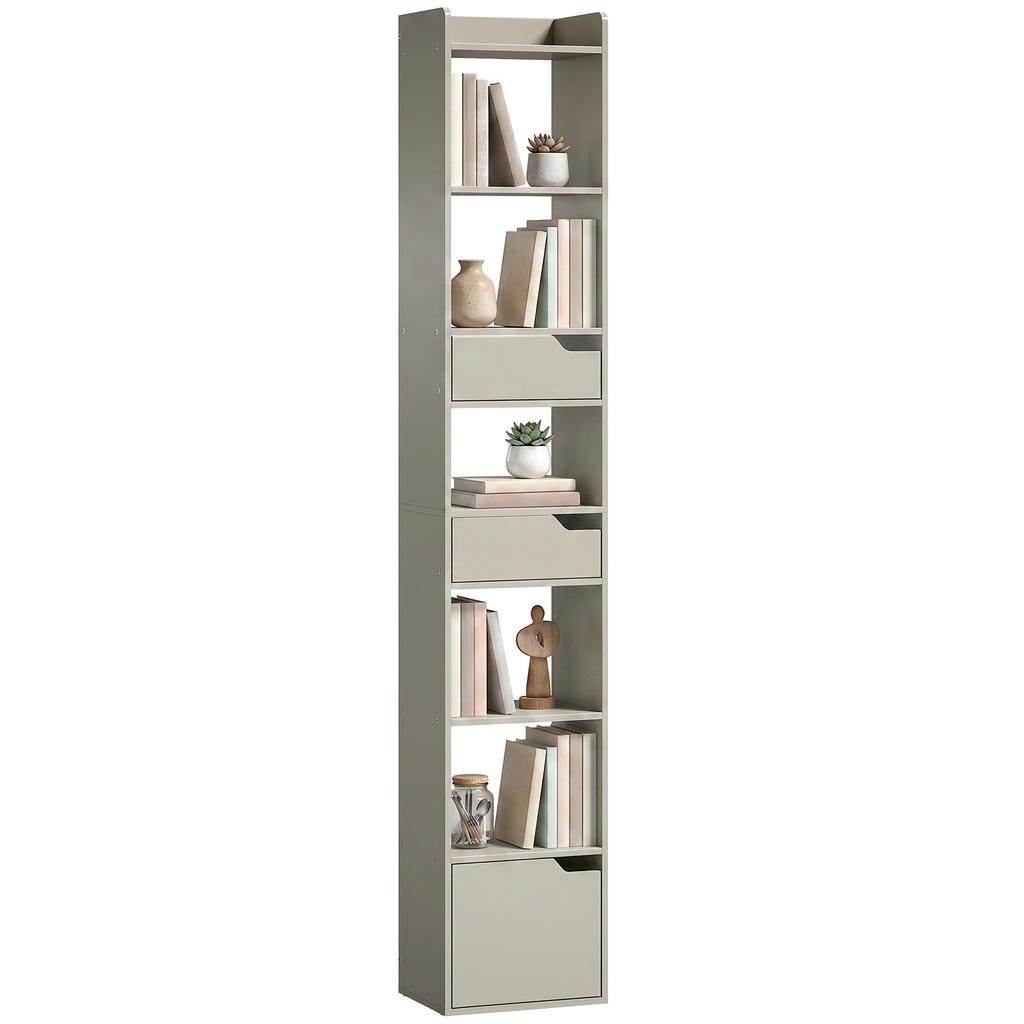 Bookcase Tall Narrow with 5 Tiers and Drawers Freestanding Bookshelf Storage Cabinet for Living Room Grey