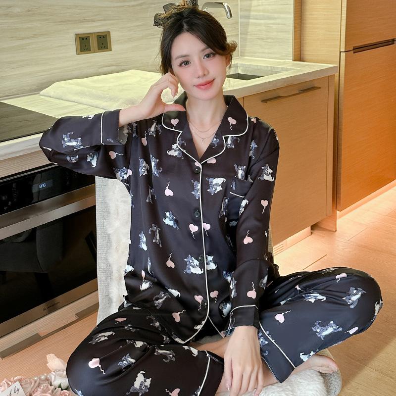 Cute Cat Spring And Summer Ice Silk Long-Sleeved Trousers Cardigan Loungewear Set