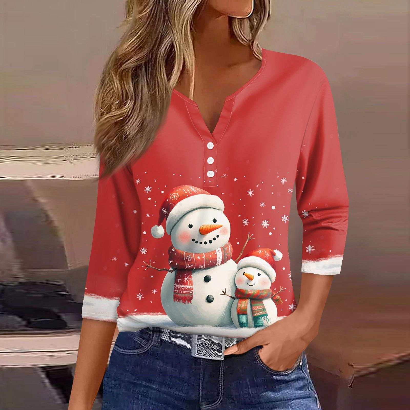 

Женская футболка с рождественским принтом, на пуговицах, рукав 3/4, повседневная мода на выходные, базовый топ с V-образным вырезом L киноварь
