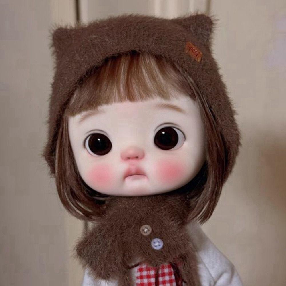 Módní chlupatá čepice s kočičími uši DIY ručně pletená vlněná čepice šála pro panenky 1/4 1/6 BJD 30/45cm